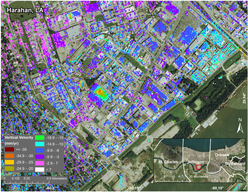 Ground elevation movements in Jefferson Parish, Louisiana, from June 2009 to July 2012. )Credits: NASA/JPL-Caltech, Esri)
